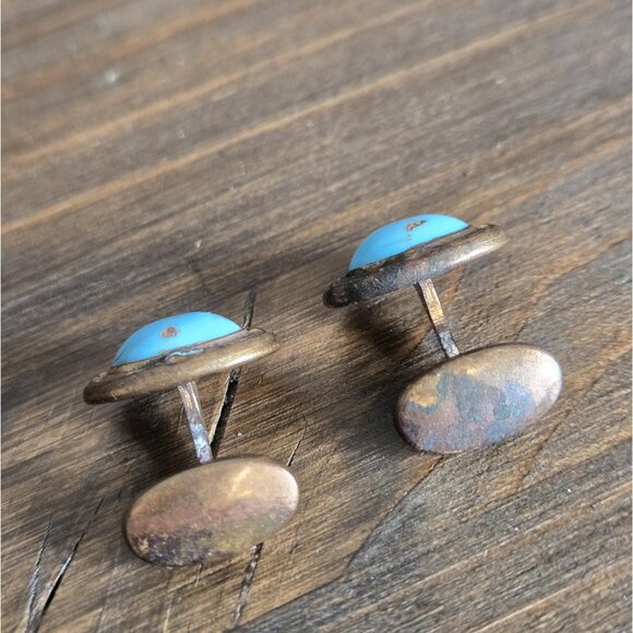 Copper & Turquoise Southwestern Style Cufflinks Vintage Western Rodeo Accessory - Picture 6 of 6